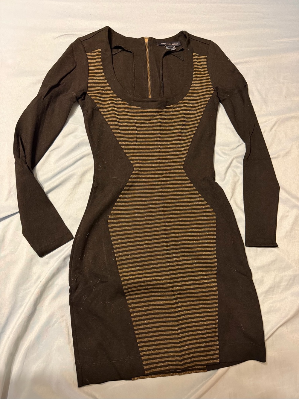 French Connection Brown Long Sleeve Striped Panel Bodycon Dress